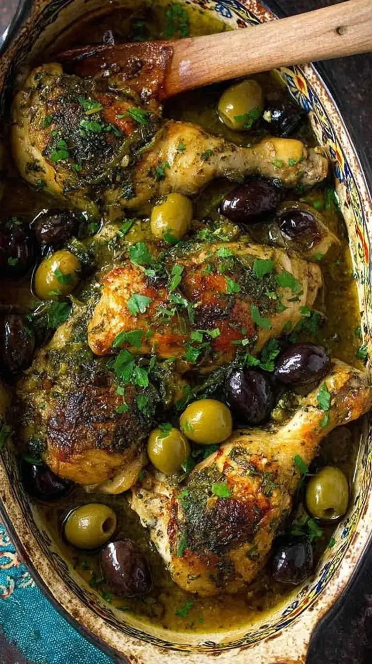 A white baking dish filled with roasted chicken, green olives, and prunes, garnished with fresh parsley.
