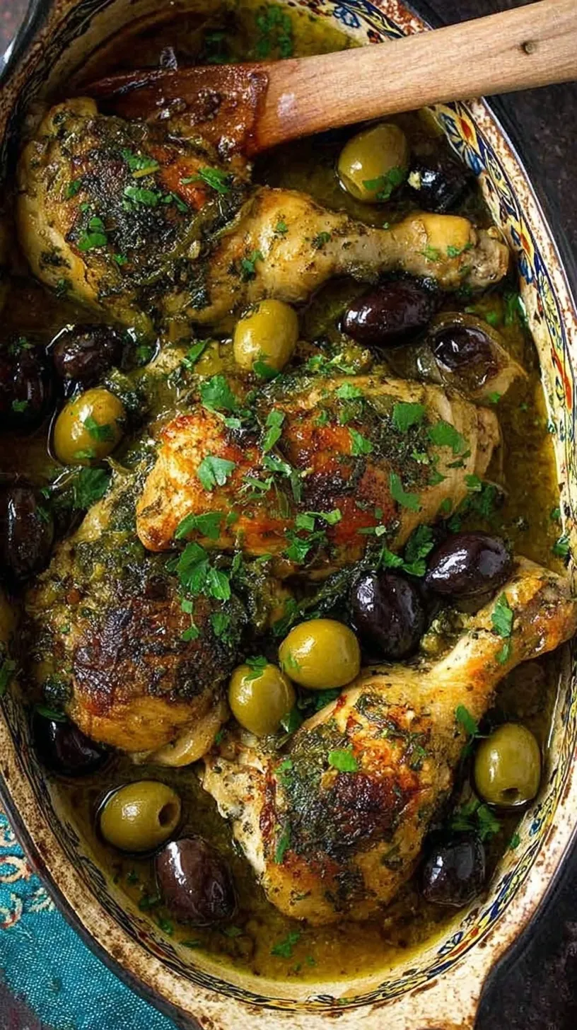 A white baking dish filled with roasted chicken, green olives, and prunes, garnished with fresh parsley.