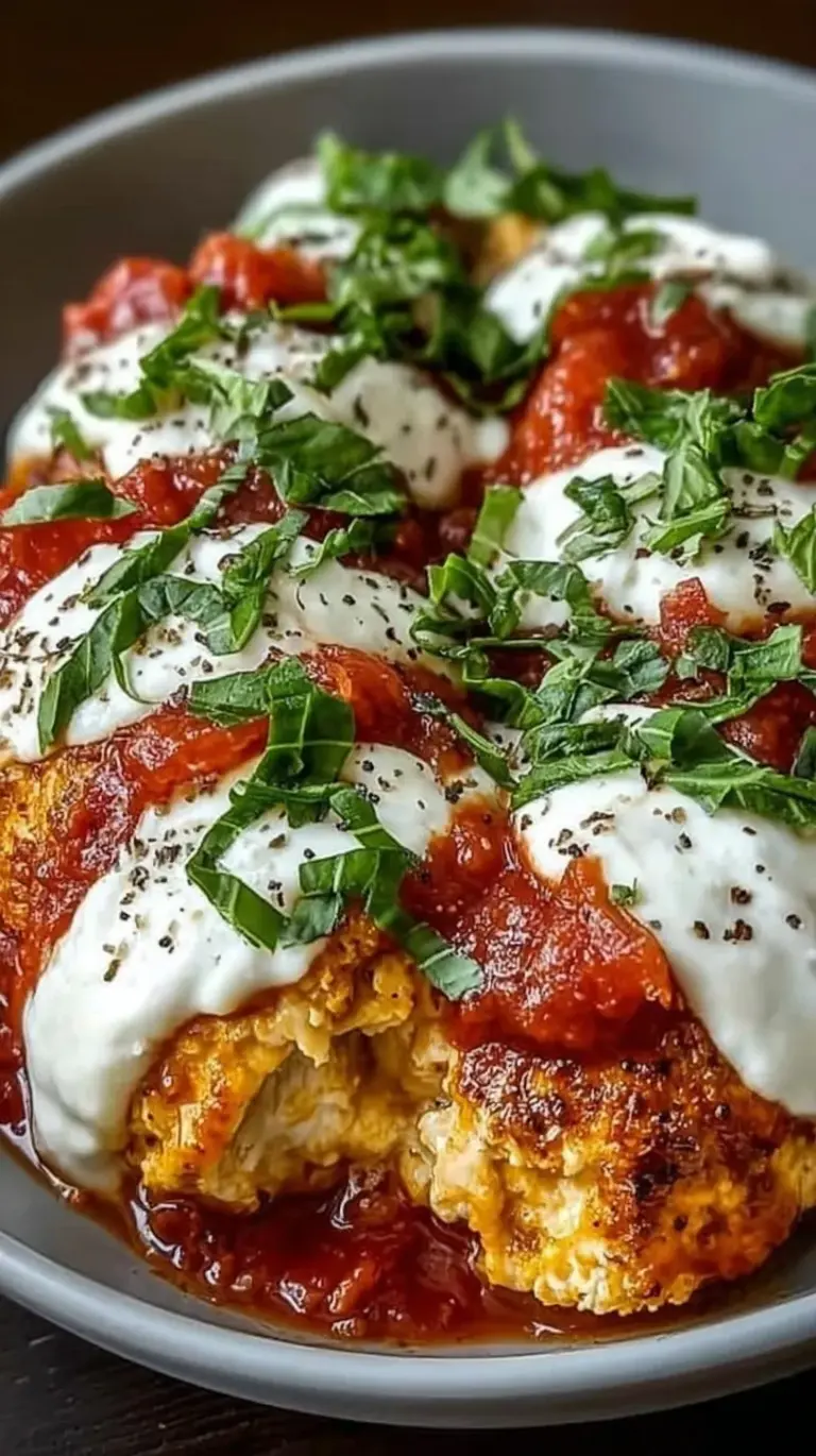 A warm bowl of cottage cheese topped with marinara, chicken, and melted mozzarella cheese.
