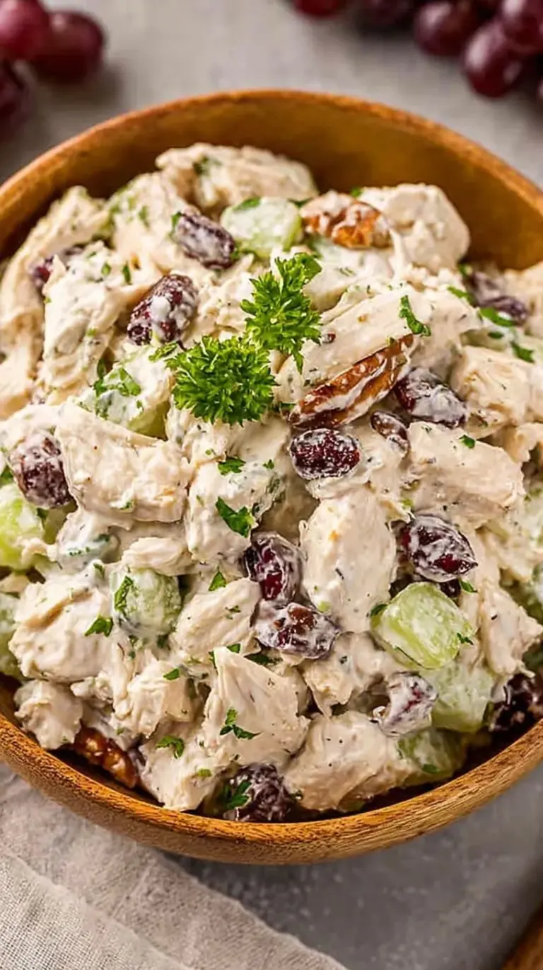 A bowl of creamy high protein chicken salad with fresh dill and celery
