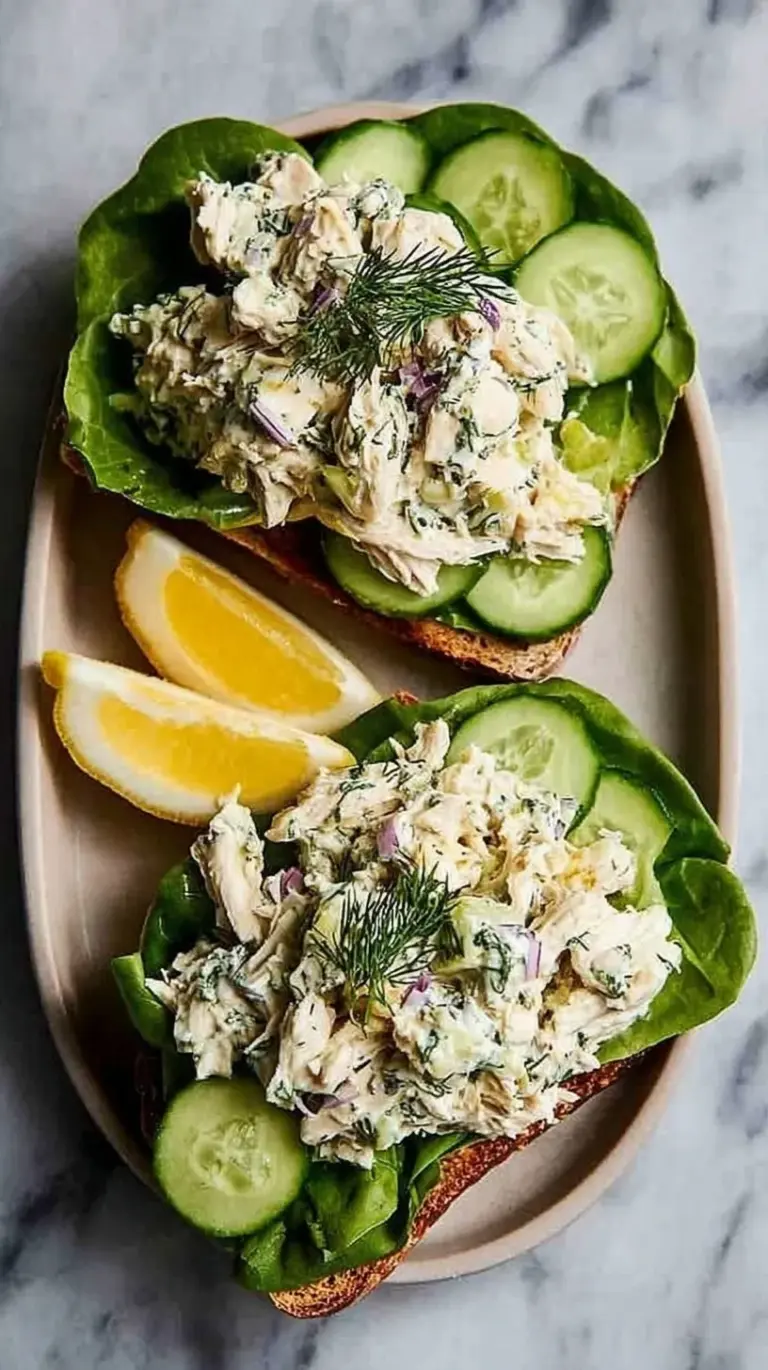 A glass meal prep container filled with creamy chicken salad featuring diced celery and fresh dill.