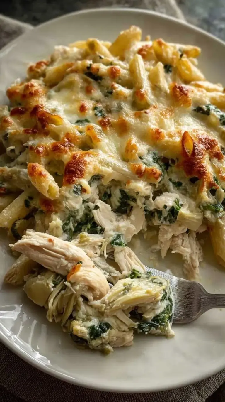 A golden brown high protein chicken pasta bake with spinach and artichokes in a 9x13 dish.