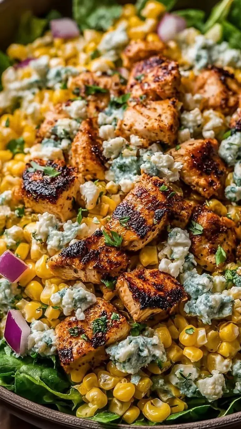 A colorful bowl of High Protein Chicken Street Corn Salad with grilled chicken, roasted corn, and fresh cilantro.