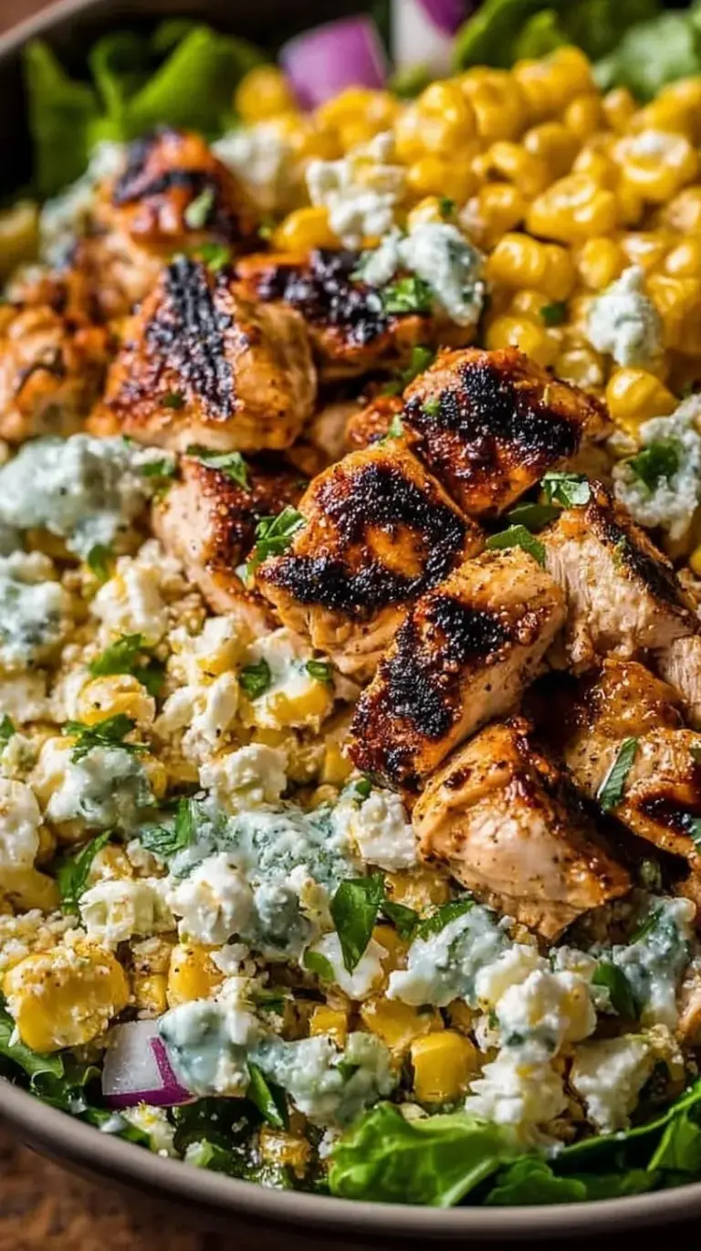A colorful bowl of chicken street corn salad with charred corn and cotija cheese