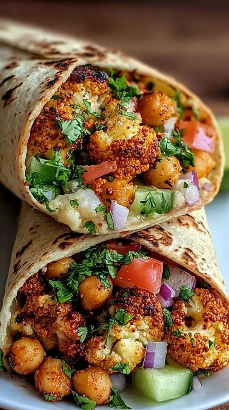 A vibrant high-protein wrap filled with roasted chili lime chickpeas, cauliflower, and purple cabbage.