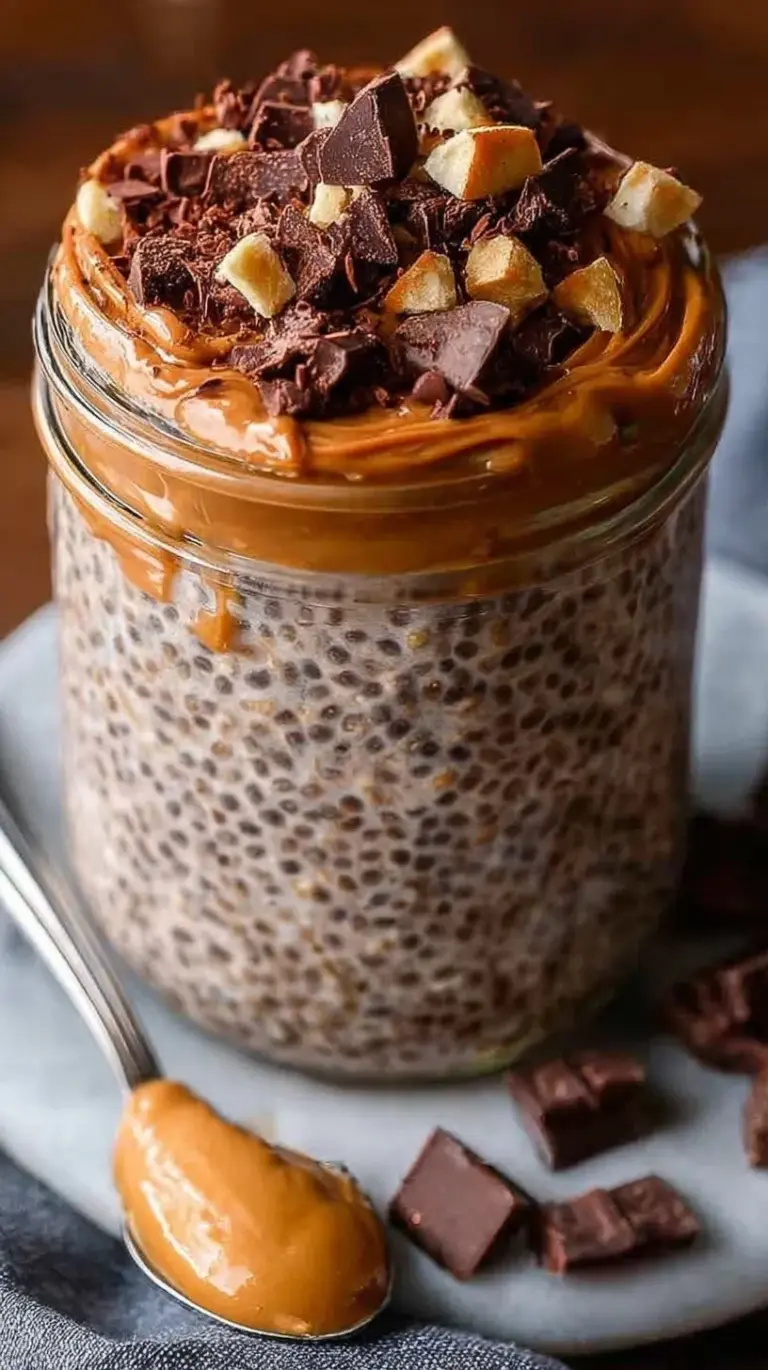 A glass jar filled with chocolate peanut butter overnight oats topped with a drizzle of peanut butter.