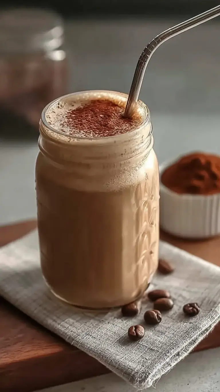 A tall glass of creamy coffee smoothie topped with a sprinkle of ground flax seeds.