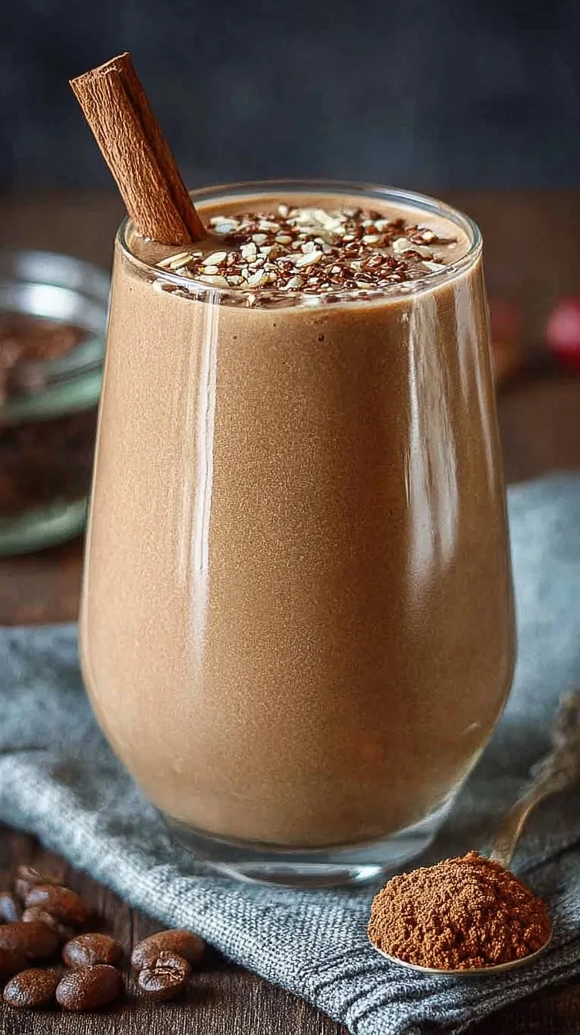 A creamy high protein coffee smoothie in a tall glass with a sprinkle of cinnamon on top.