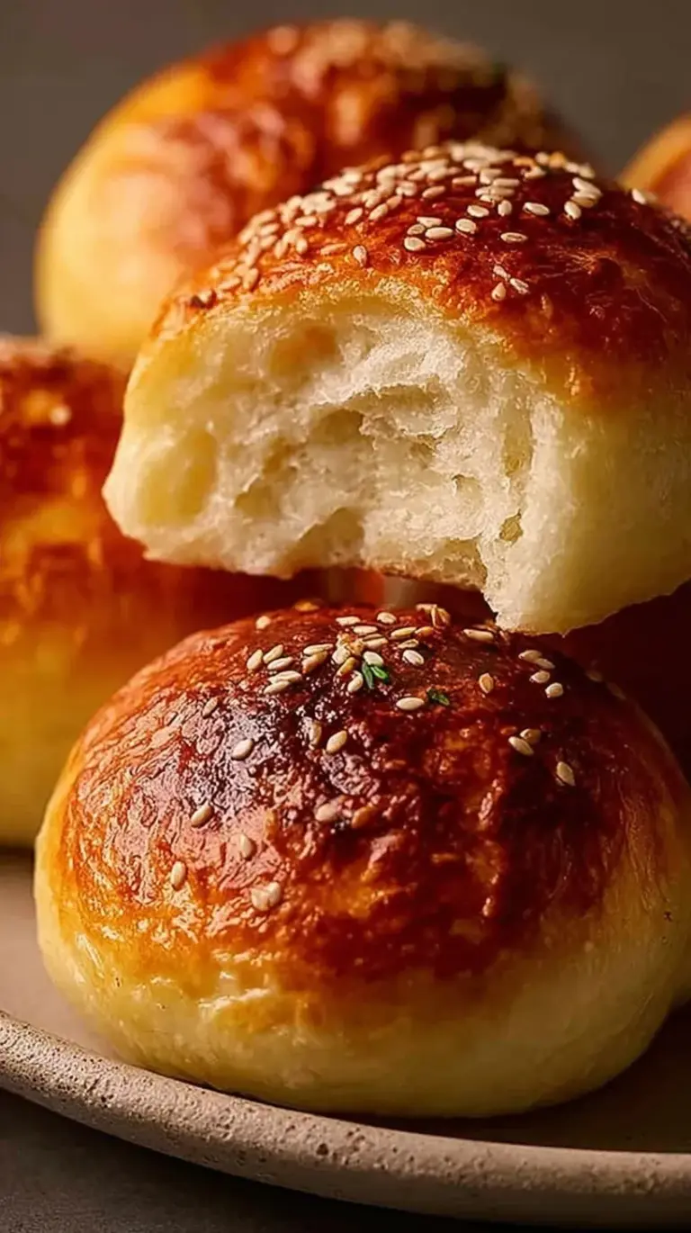 Four golden brown cottage cheese burger buns topped with sesame seeds on a baking sheet.