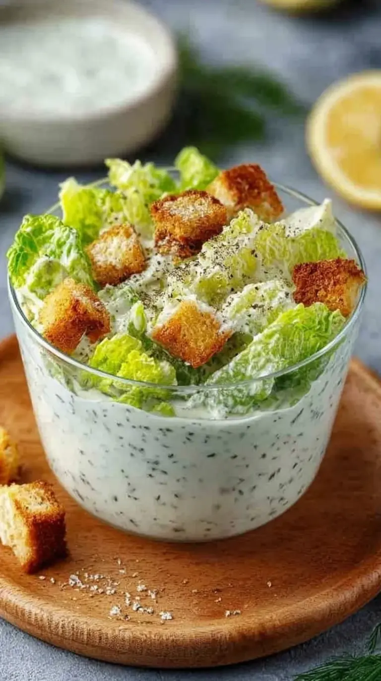 A creamy, smooth Caesar dressing in a glass jar next to fresh romaine lettuce and lemon wedges.