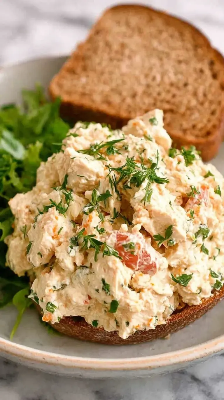 A bowl of creamy healthy chicken salad topped with fresh chives and served with crackers.