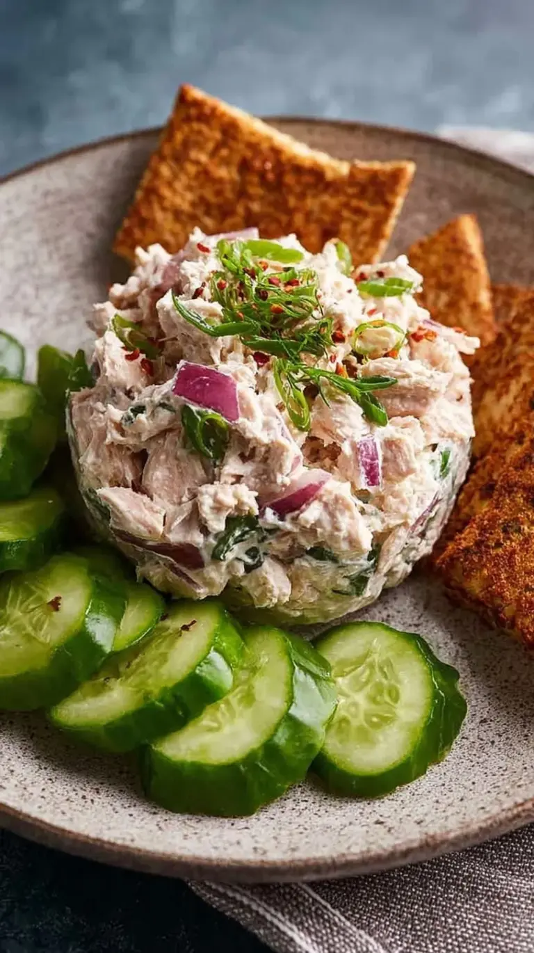 A bowl of creamy cottage cheese tuna salad with fresh dill and celery