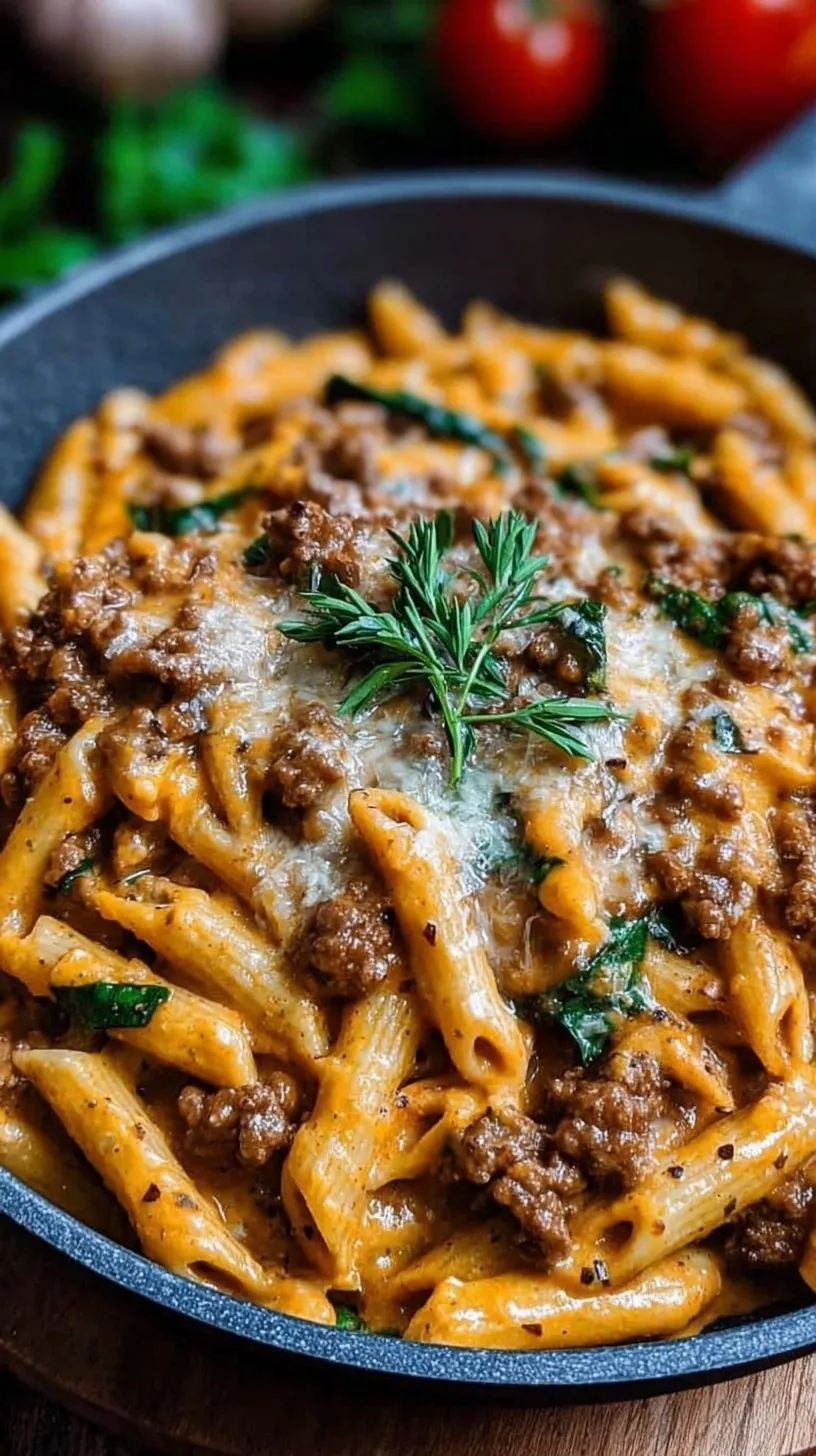 A bowl of creamy beef pasta with spinach and high-protein penne.