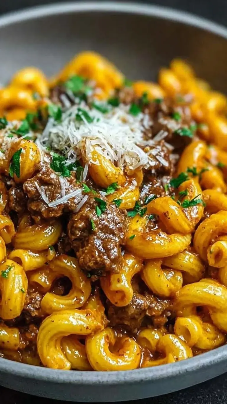 A bowl of creamy beef pasta with spinach and parmesan cheese.