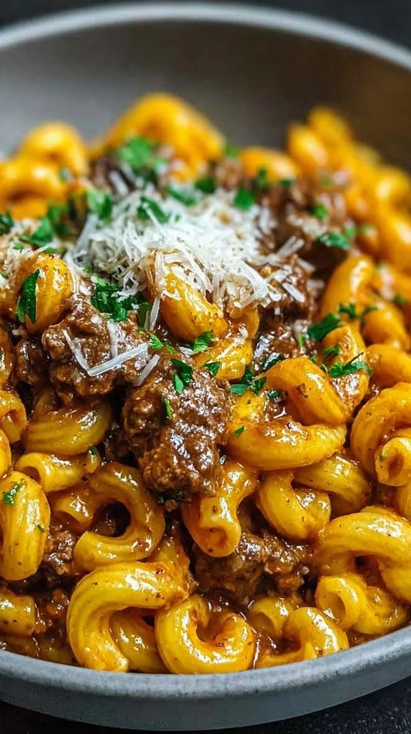 A bowl of creamy beef pasta with spinach and parmesan cheese.