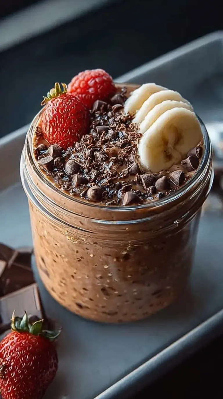 A glass jar filled with thick chocolate brownie batter overnight oats topped with mini chocolate chips.