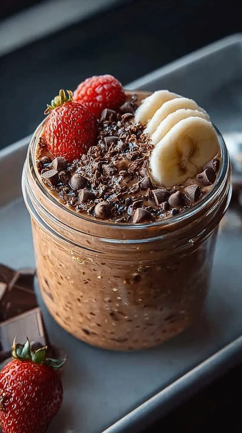 A glass jar filled with thick chocolate brownie batter overnight oats topped with mini chocolate chips.