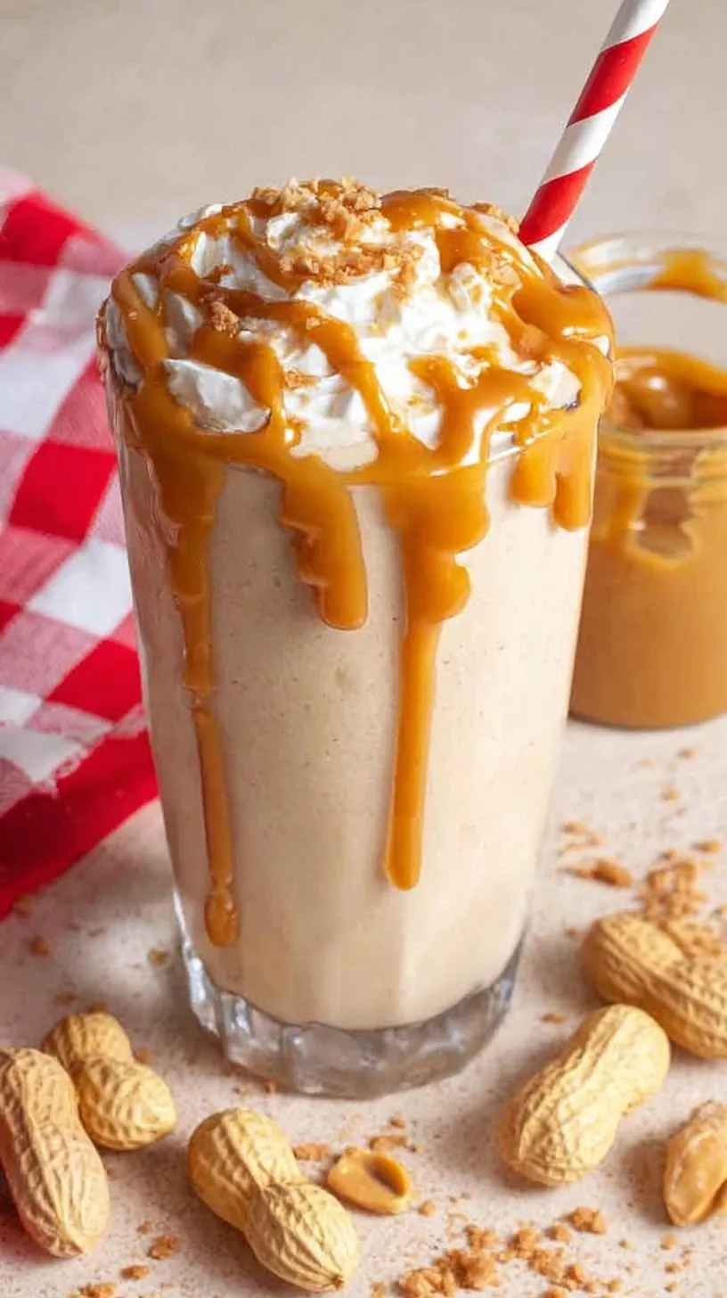 A thick and creamy peanut butter smoothie in a tall glass topped with chia seeds