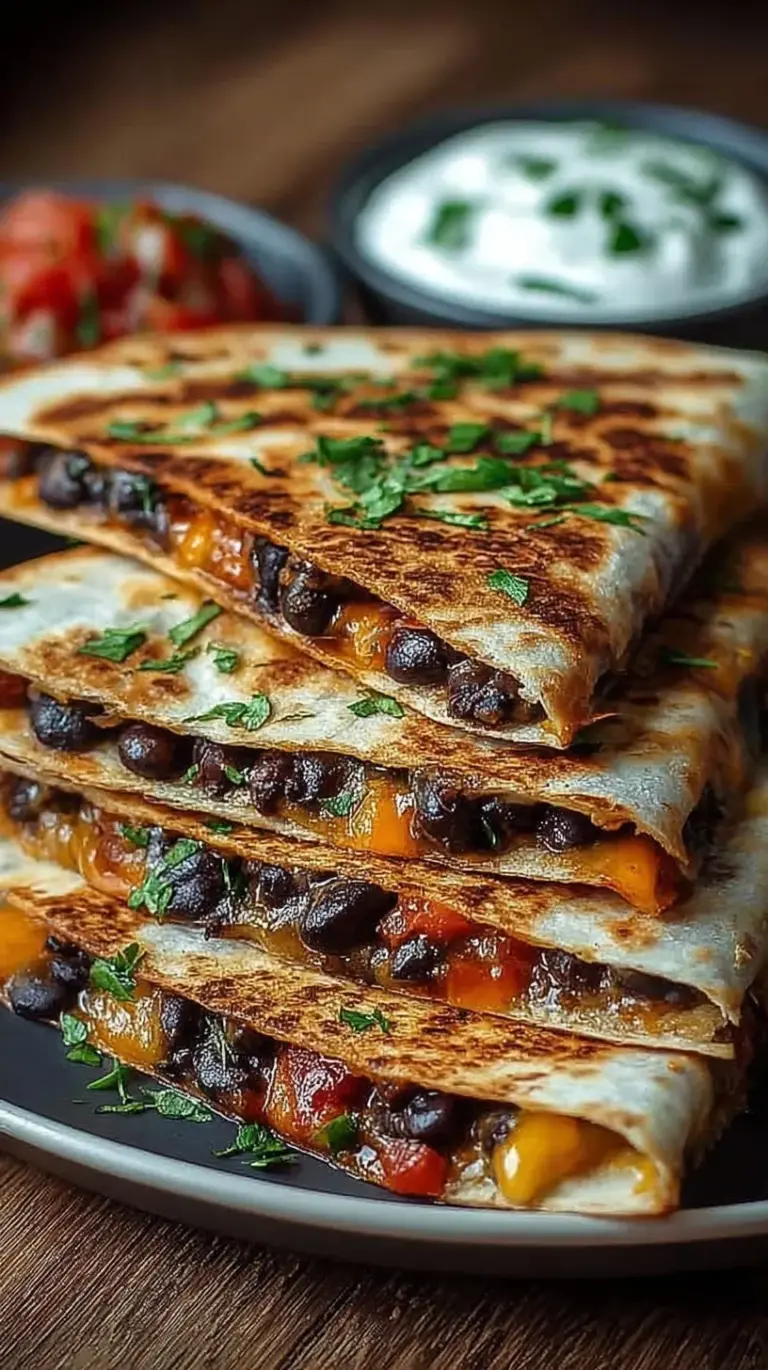Golden brown crispy black bean quesadillas sliced into wedges on a plate with cilantro