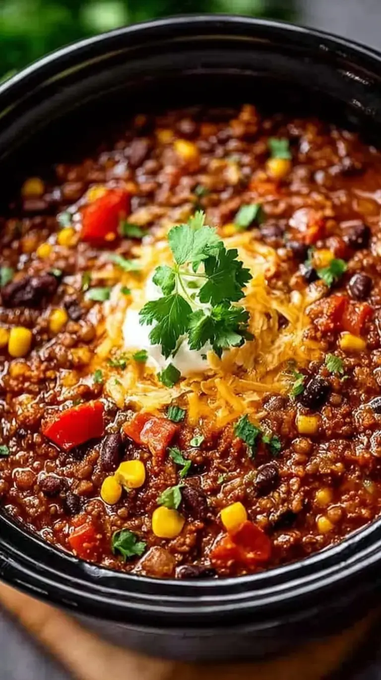 A steaming bowl of thick lentil taco chili topped with fresh avocado and cilantro in a cozy kitchen setting.
