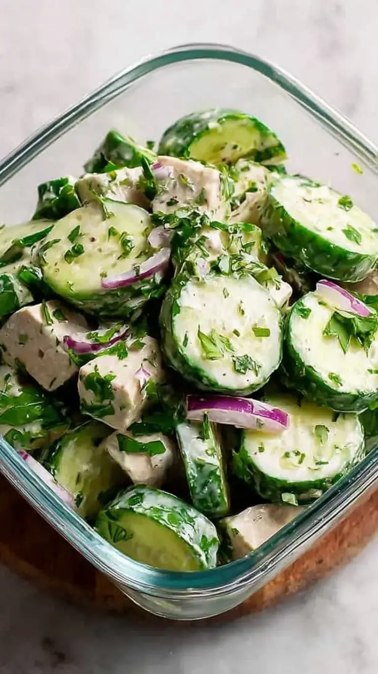 A bright bowl of sliced English cucumbers and chickpeas tossed in a creamy green herb yogurt dressing.