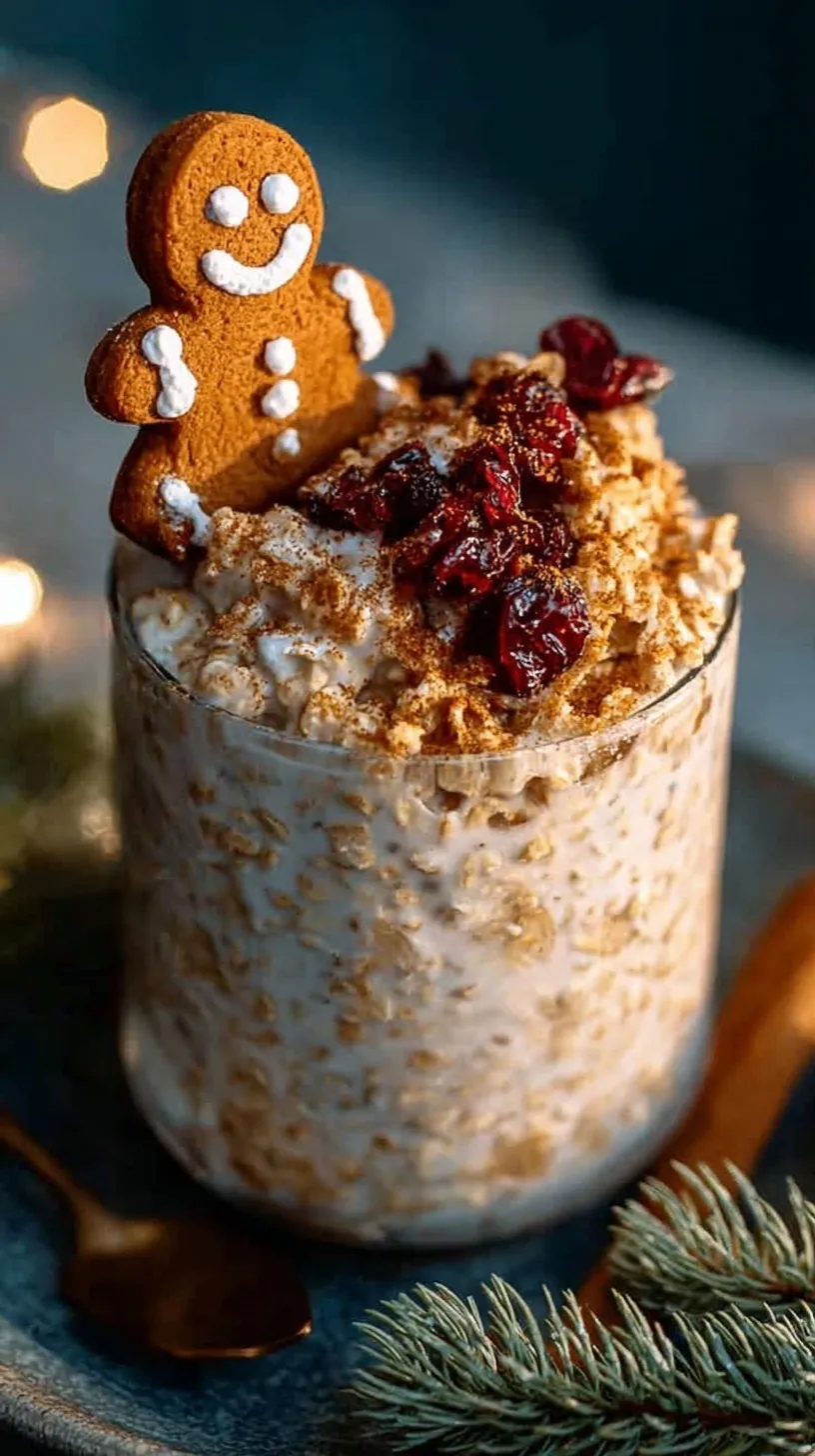 A glass jar filled with creamy gingerbread overnight oats topped with a sprinkle of cinnamon and a splash of milk.