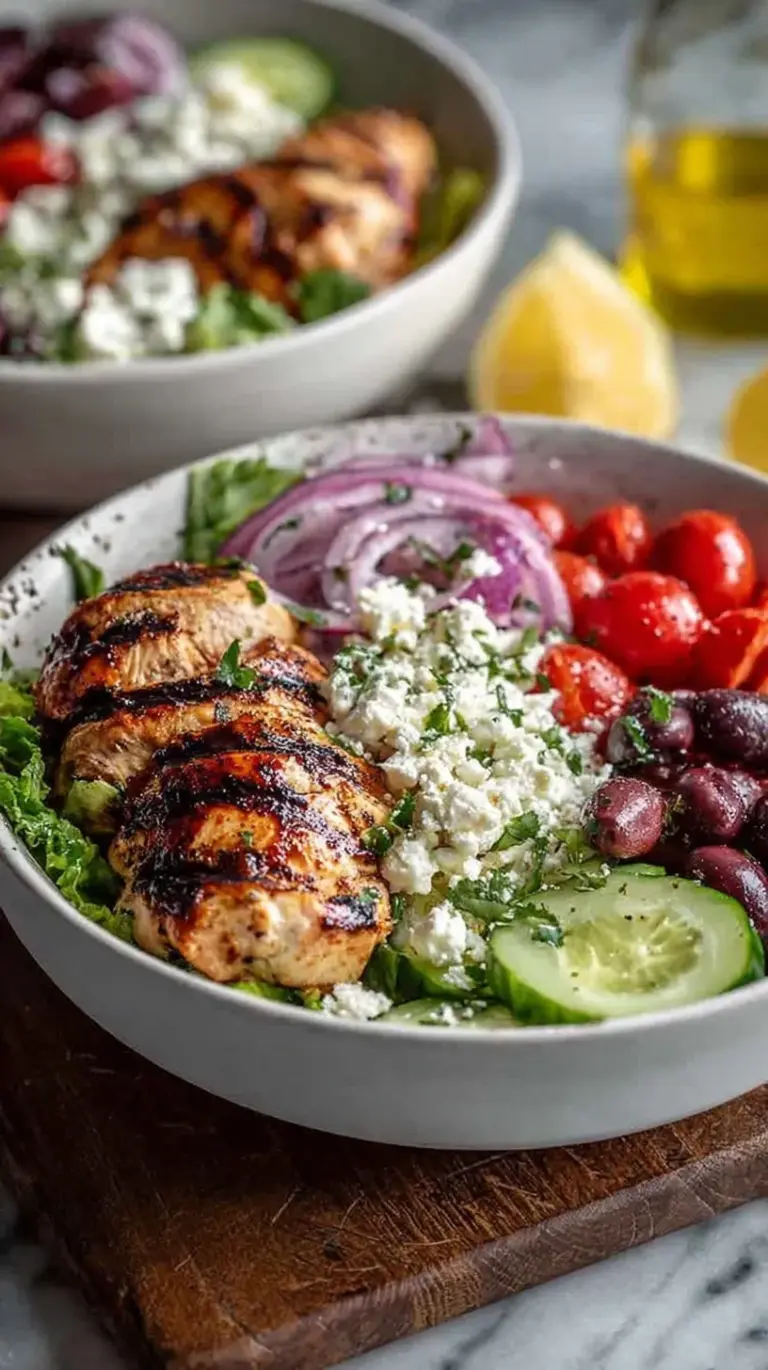 Colorful High-Protein Greek Chicken Bowls with grilled chicken, quinoa, and fresh vegetables