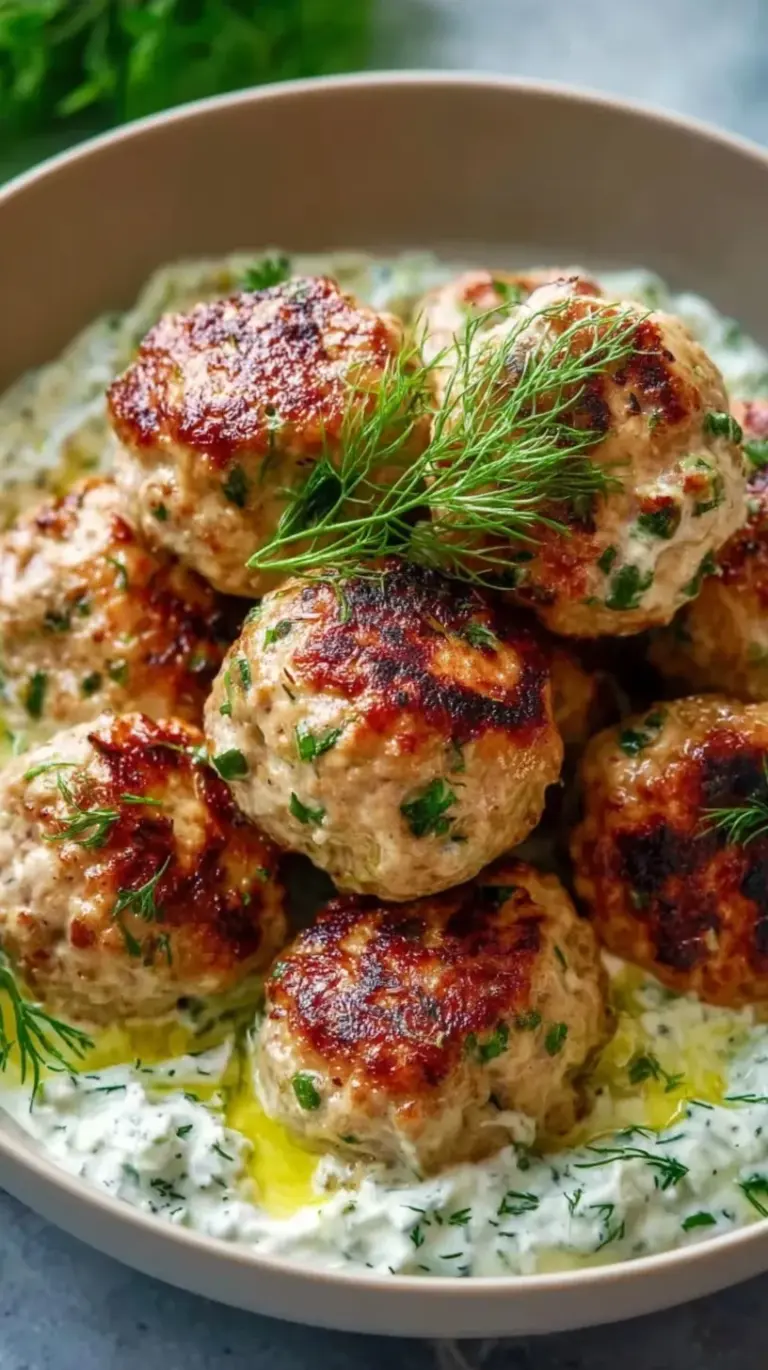 Golden-brown turkey meatballs served with white tzatziki sauce and fresh herbs on a platter