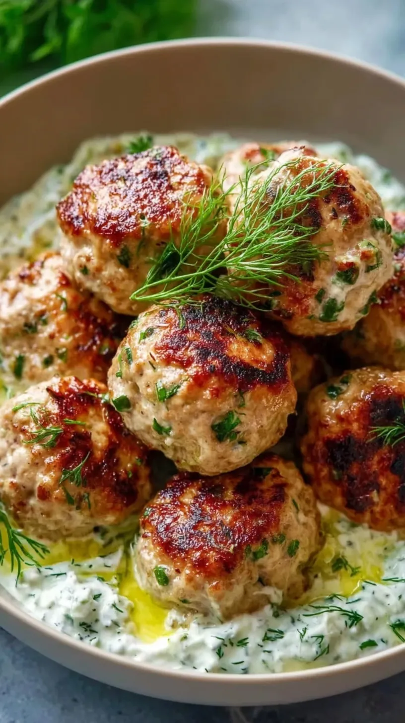 Golden-brown turkey meatballs served with white tzatziki sauce and fresh herbs on a platter