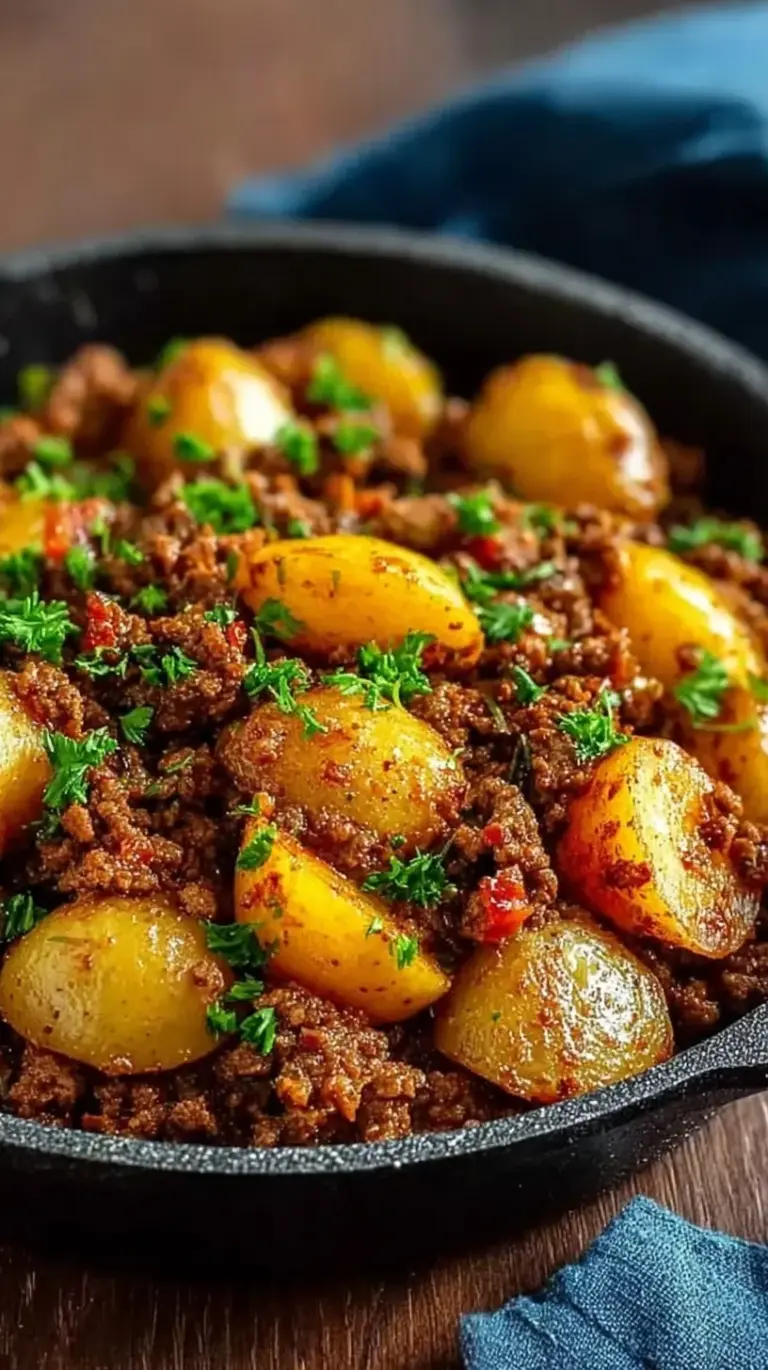 A golden brown ground beef and potato skillet garnished with fresh parsley in a black pan