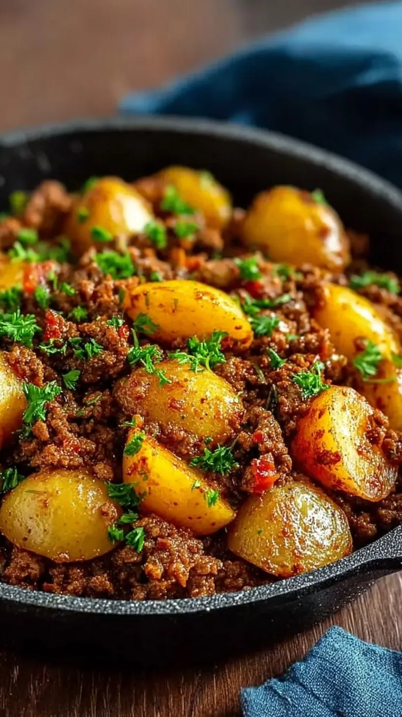 A golden brown ground beef and potato skillet garnished with fresh parsley in a black pan