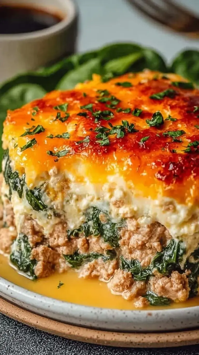 A golden brown ground turkey and quinoa casserole topped with melted mozzarella cheese in a white baking dish.