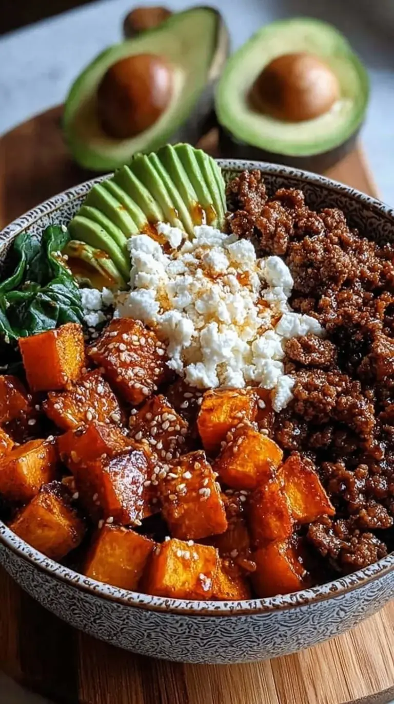 A colorful bowl featuring glazed ground beef, green broccoli, and white jasmine rice topped with sesame seeds.