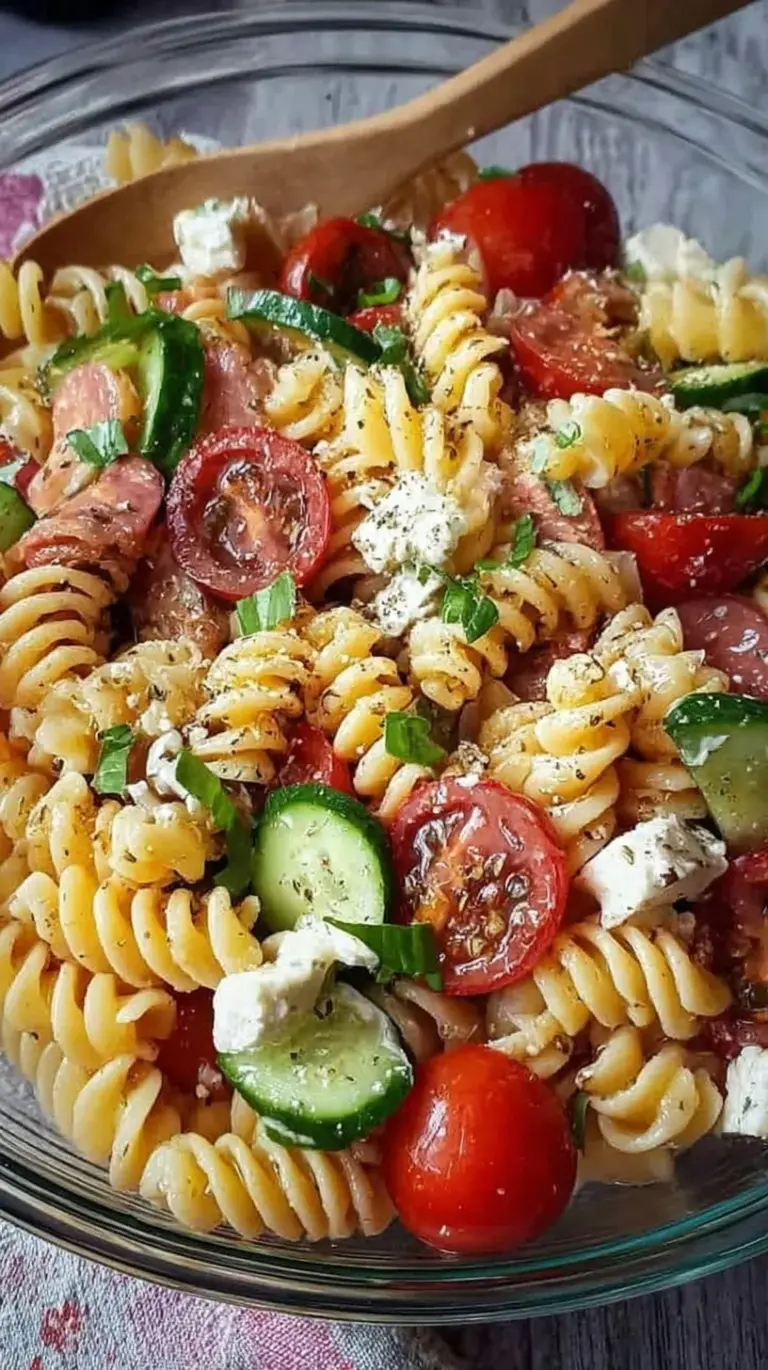 A vibrant bowl of High Protein Italian Pasta Salad with chicken, tomatoes, and mozzarella pearls.