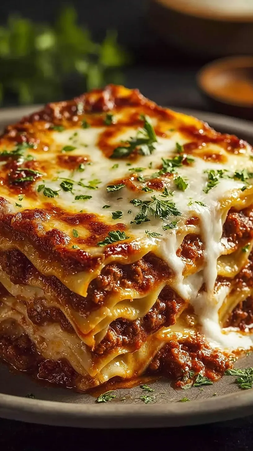 A golden, bubbling slice of high protein lasagna showing layers of spinach, meat sauce, and cheese.