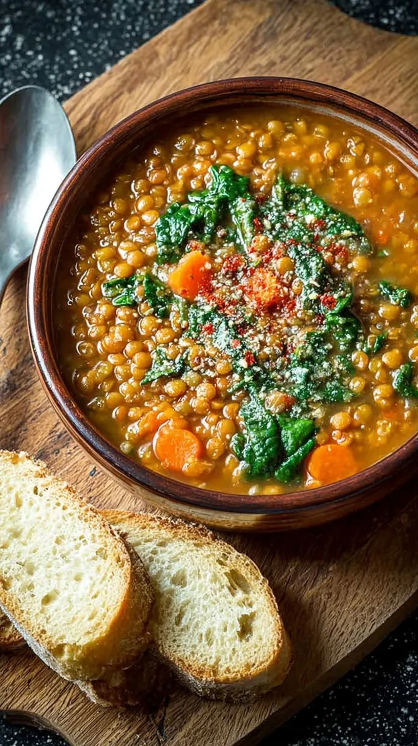 A vibrant bowl of lentil soup with diced chicken, carrots, and fresh spinach