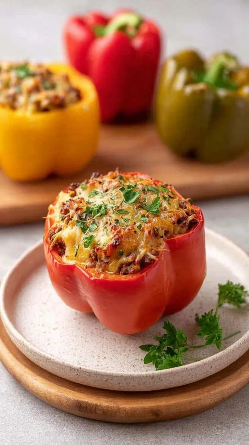 Four colorful bell peppers stuffed with ground turkey and melted mozzarella cheese in a glass baking dish.