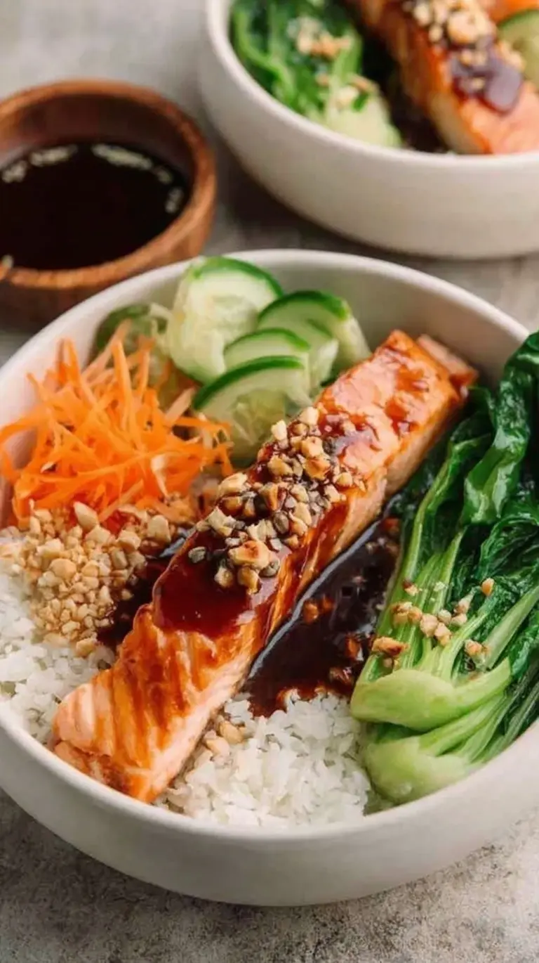 A vibrant teriyaki salmon bowl with cauliflower rice, steamed broccoli, and glossy glaze.