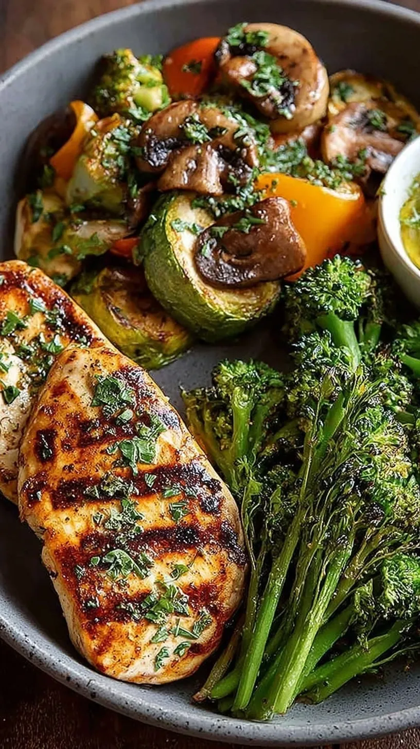 Pan-seared chicken breast with sautéed broccoli, zucchini, and red bell peppers in a skillet.