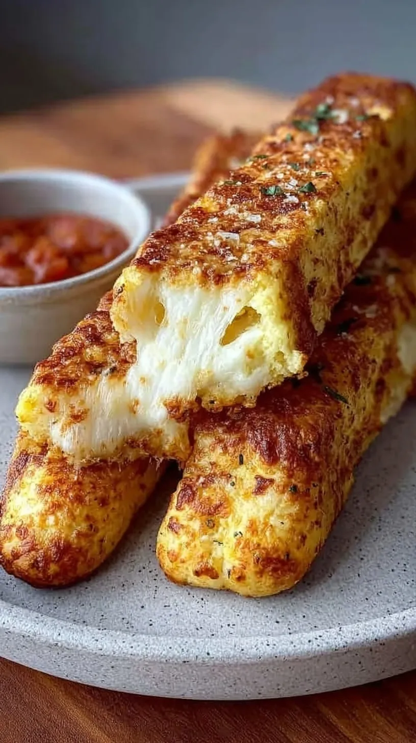 A tray of golden brown cottage cheese breadsticks sliced into strips on parchment paper with a side of marinara sauce.
