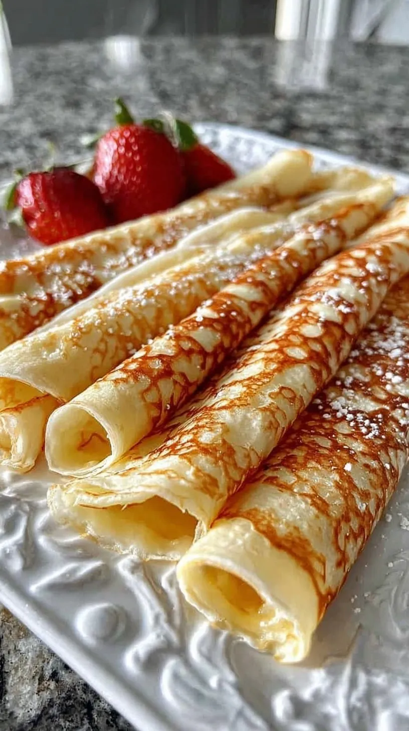 A stack of golden brown high protein oatmeal crepes topped with fresh berries