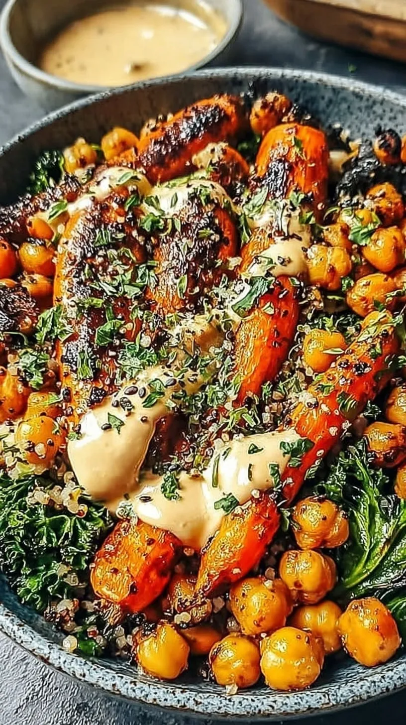 A vibrant roasted carrot and chickpea bowl topped with creamy yogurt dressing and fresh parsley.