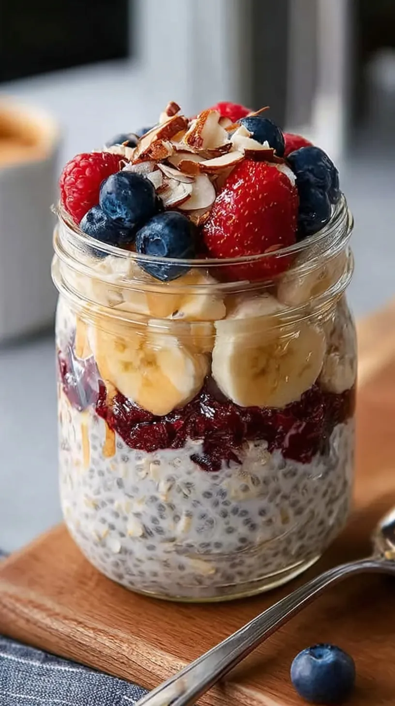 A glass jar filled with creamy overnight oats topped with fresh blueberries and chia seeds.