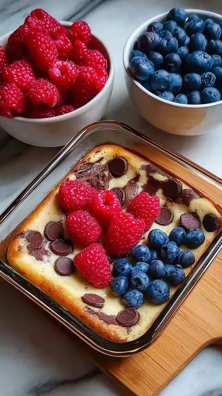 A fluffy high protein pancake bowl topped with fresh berries and a drizzle of almond butter.