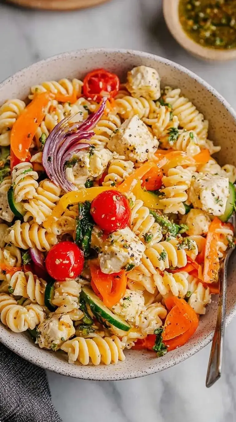 A colorful high protein pasta salad with chicken, edamame, and cherry tomatoes in a large bowl.