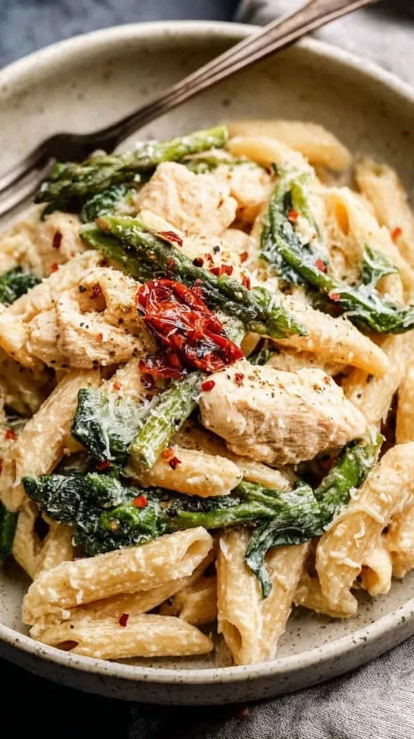 A bowl of creamy high protein pasta with chicken, spinach, and parmesan cheese