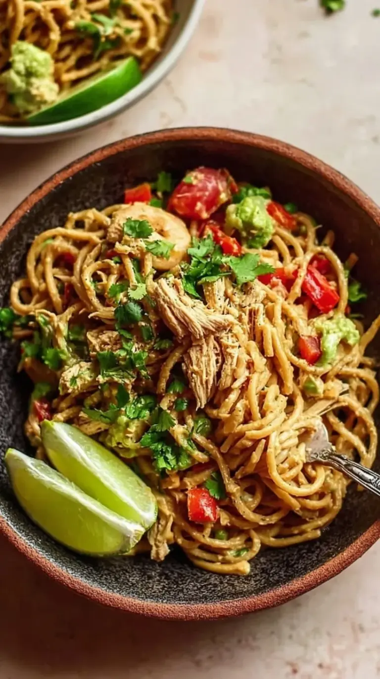 A colorful bowl of peanut butter noodles with chicken, broccoli, and red peppers topped with peanuts.
