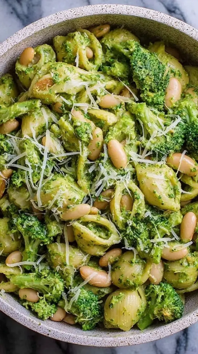 A bowl of green pesto pasta with broccoli florets and white beans
