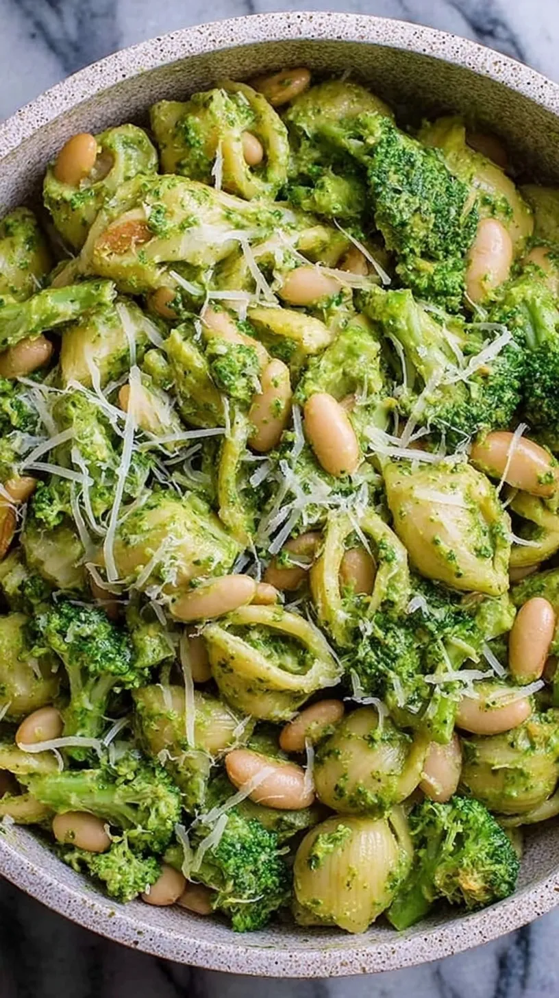 A bowl of green pesto pasta with broccoli florets and white beans