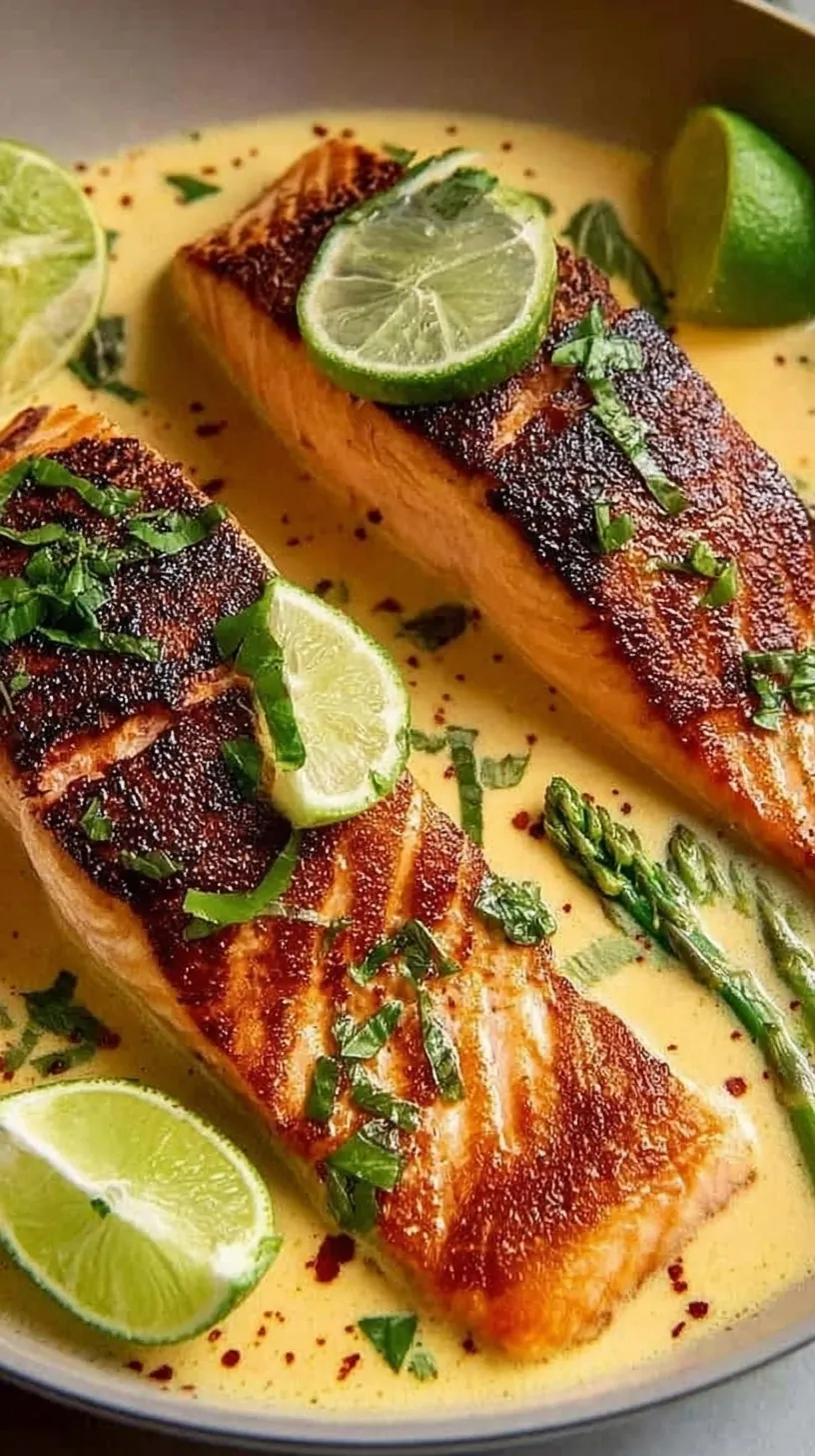 Golden seared salmon fillets poaching in a creamy white coconut sauce with green spinach and lime slices
